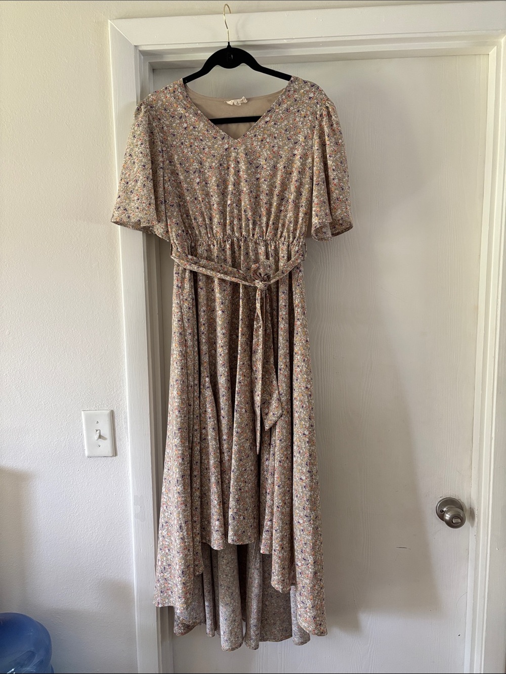 orange creek Beige Floral High-Low V-Neck Belted Dress